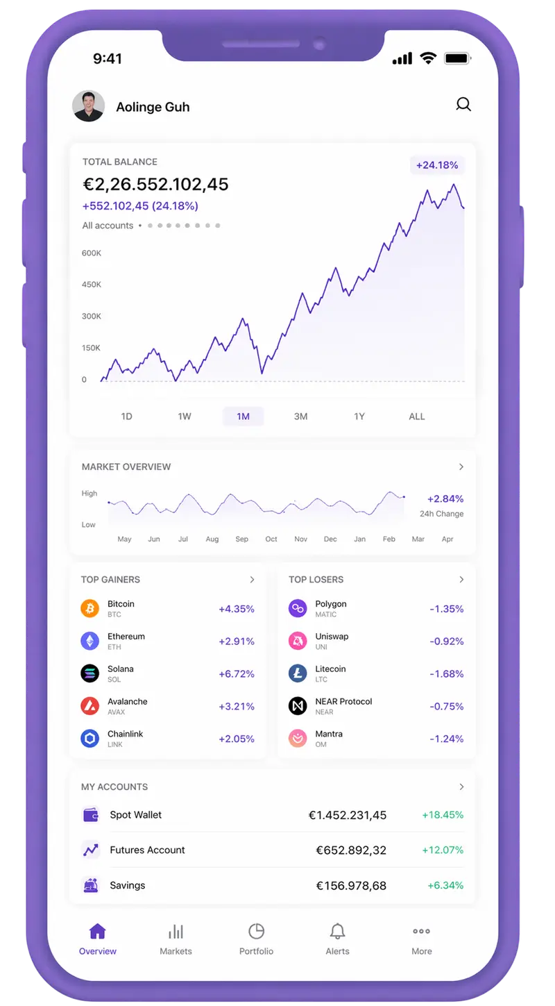 Vaste Cautévane mobile app showing portfolio overview